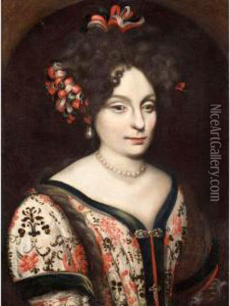 Portrait Of A Lady, Half Length,
 Wearing Ribbons In Her Hair And A White Embroidered Dress Oil Painting - Pier Francesco Cittadini Il Milanese