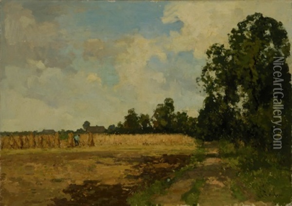 Farmer Near Sheafs Of Corn Oil Painting - Louis Stutterheim