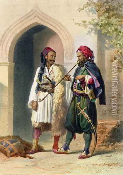 Arnaout and Osmanli Soldiers in Alexandria, illustration from The Valley of the Nile, engraved by Mouilleron, pub. by Lemercier, 1848 Oil Painting - Emile Prisse d'Avennes