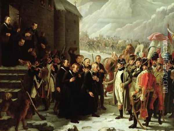 The First Consul Visiting the Hospice of Mont Saint-Bernard Oil Painting - Charles-Jacques Lebel