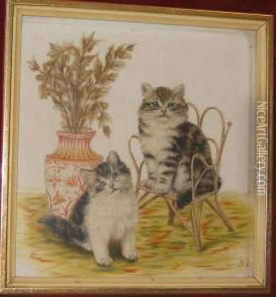 Two Kittens Before A Vase Oil Painting - Bessie, Betsie Bamber