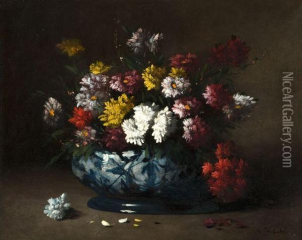 Bouquet De Fleurs Dans Un Vase En Ceramique Bleu Et Blanc Oil Painting - Germain Theodure Clement Ribot