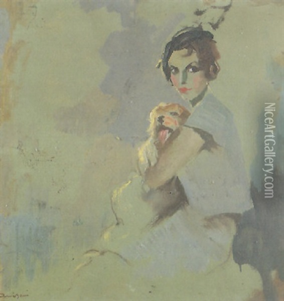 Fanciulla Con Cane Oil Painting - Giuseppe Amisani