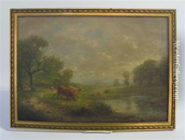 Cows In Pasture With Woods Near Pond Oil Painting - George Thompson Hobbs