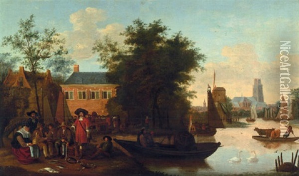Blick Auf Zwaenseiland Und Den Fluss Zwaenshals Bei Rotterdam, Im Hintergrund Die St. Laurenskerk Oil Painting - Hendrick De Meijer