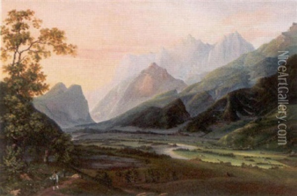 Tiroler Berglandschaft Mit Wanderern In Einem Weiten Flustal Oil Painting - Hermann Hirsch