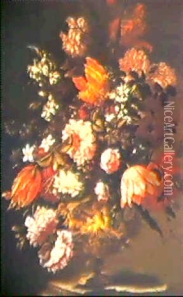 Still-lifes With Flowers In Gilt Vases On A Stone Ledge (2) Oil Painting - Bartolome Perez