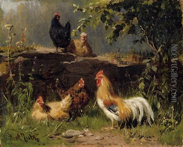 Hahn Und Hennen Bei Einer Gartenmauer Oil Painting - Carl Jutz the Elder