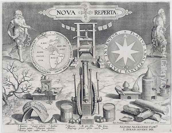 Frontispiece to Nova Reperta New Discoveries engraved by Theodor Galle 1571-1633 c.1600 2 Oil Painting - Giovanni Stradano