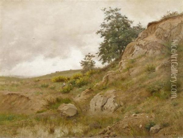 Landscape With Cliffs And Two Figures. Oil Painting - Gustave Castan