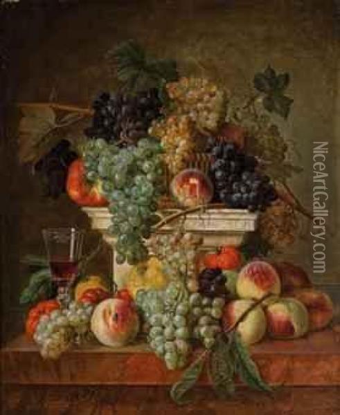 Peaches, Grapes And A Glass Of Wine On A Marble Ledge Oil Painting - Francois Nicolas Laurent
