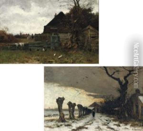 A Farmhouse In Autumn; And Winter In A Village Oil Painting - Philip Zilcken