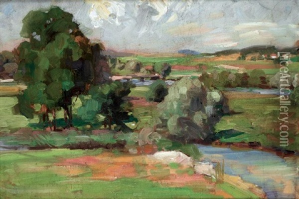 The Clyde At Dalserf (+ The Bathers, Verso) Oil Painting - Francis Campbell Boileau Cadell