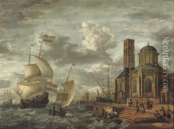 A 'capriccio' View Of A Harbour With Shipping Near A Large Church Oil Painting - Jacobus Storck