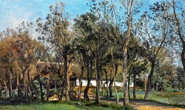 Old Farmhouse Behind Trees Oil Painting - Janus la Cour