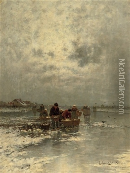 On The Ice Near A Village Oil Painting - Johann Jungblut