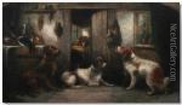 Dogs In A Cottage Interior Oil Painting - George Armfield