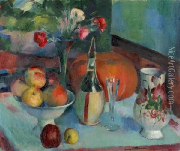 Nature Morte Aux Fruits Et A La Fiasque De Vin Oil Painting - Henri Ottmann