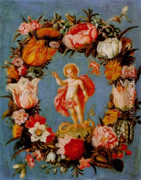 Blumenkranz Um Den Segnenden Christusknaben Oil Painting - Andries Daniels