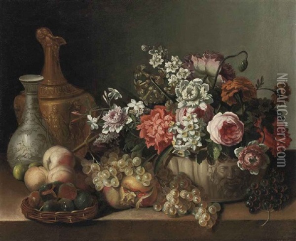 Roses, Carnations, Narcissi And Other Flowers In A Sculpted Urn, Figs In A Wicker Basket, A Gold Sculpted Pitcher, A Painted Porcelain Vase... Oil Painting - Pierre Nicolas Huilliot