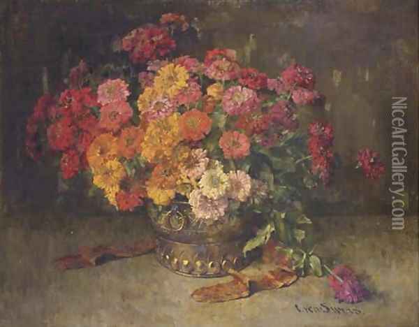 Colourful zinnias in a copper pot Oil Painting - Clara Von Sivers