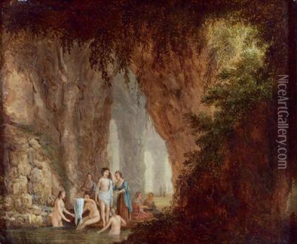 Ninfe Al Bagno In Una Grotta Rupestre Oil Painting - Georg Heinrich Hergenroder