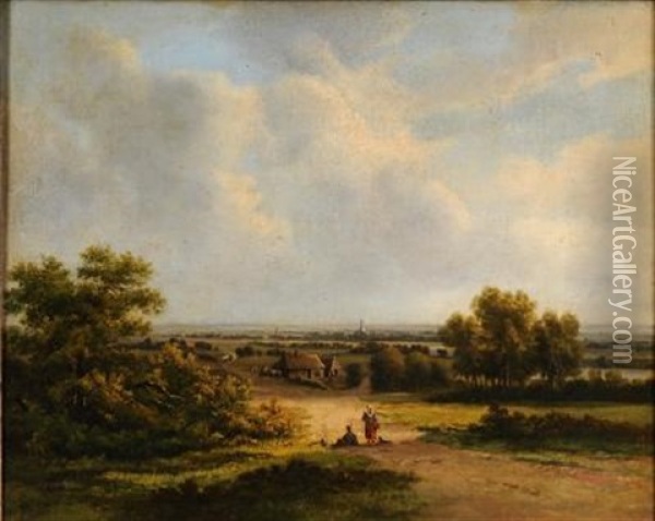 Figures Resting In A Landscape, View To A Farm, Windmill, Village And Spires Beyond Oil Painting - Marinus Adrianus Koekkoek