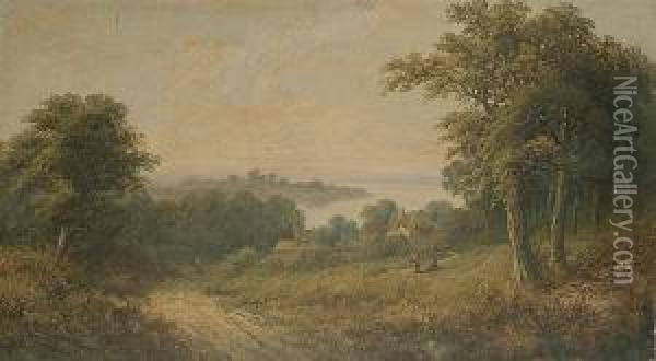 Figures Before A Cottage In A 
Landscape, An Estuary Beyond; And A Figure On A Track In A Landscape Oil Painting - William Stone