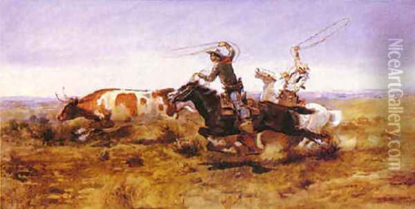 O.H.Cowboys Roping a Steer Oil Painting - Charles Marion Russell