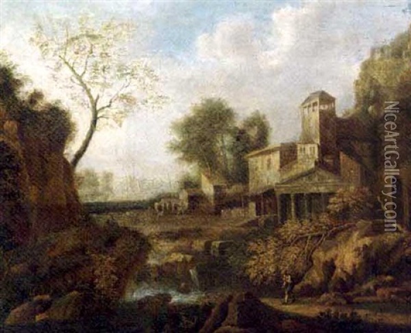 An Italianate River Landscape With A Traveller By A Town Oil Painting - Gaspard Dughet