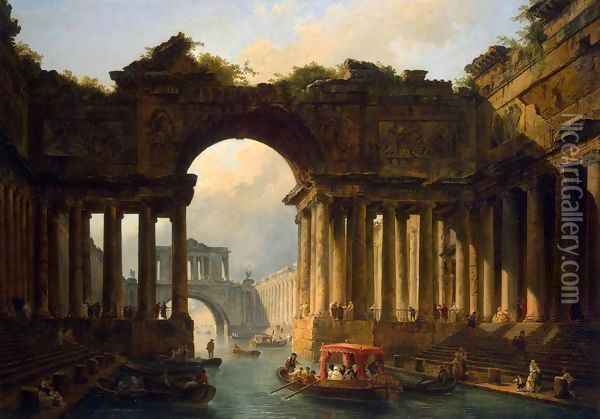 Architectural Landscape with a Canal Oil Painting - Hubert Robert