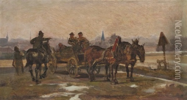 Pferdekutsche, Von Einem Berittenen Soldaten Angehalten Oil Painting - Louis (Ludwig) Braun