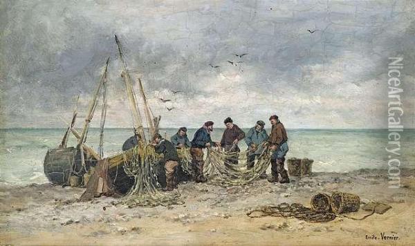 Fishermen Emptyingnets. Oil Painting - Emile Louis Vernier