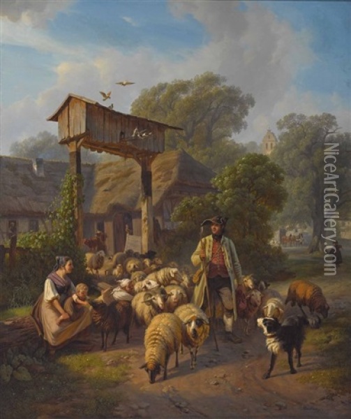 Schafer Mit Seiner Herde Oil Painting - Robert Eberle