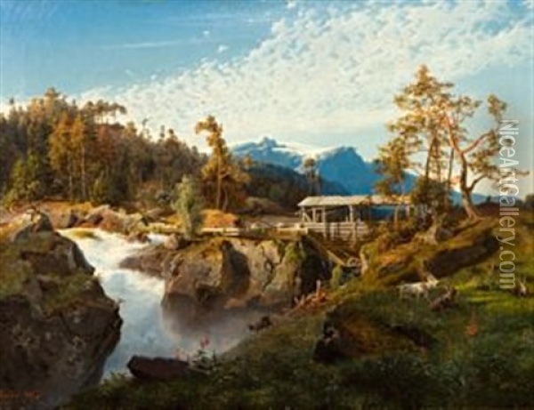 Norsk Sagmolle I Morgenbelysning Oil Painting - Hans Frederick Gude