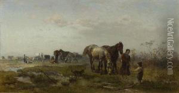 Bauern Mit Pferden. Oil Painting - Julius Noerr