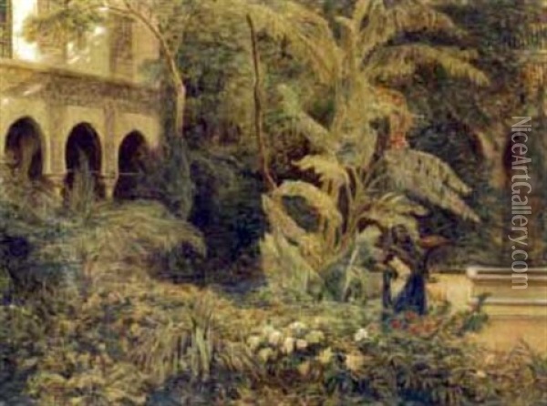 In A Courtyard Garden Oil Painting - Henri Arthur Bonnefoy