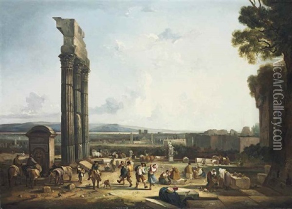 A Capriccio Of The Forum Romanum With The Columns Of The Temple Of Castor And Pollux, With Figures Making Merry Oil Painting - Thomas Barker
