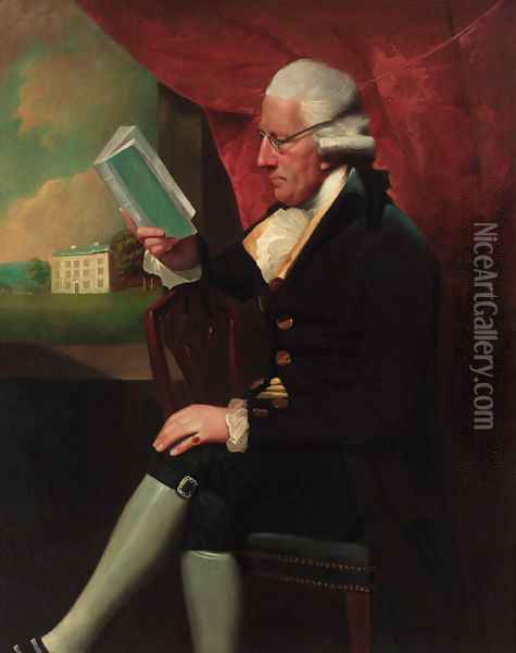 Portrait of Edward Cotsford, seated three-quarter-length, in a dark brown jacket and breeches, holding a book by a window Oil Painting - Lemuel-Francis Abbott