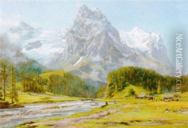 Ansicht Von Wellhorn, Wetterhorn Und Rosenlaui Oil Painting - Auguste Henry Berthoud