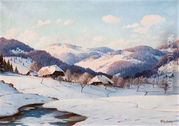 Schwarzwaldhofe In Sonniger Winterlandschaft Mit Bachlauf Oil Painting - Karl Hauptmann