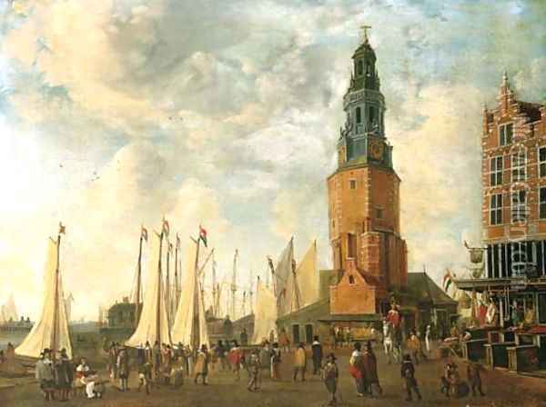 The Herring Packer's Tower, Amsterdam, with figures on the quay Oil Painting - Anthonie Beerstraaten