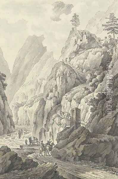 A gorge in the Caucasus, perhaps the valley of the Terek, with travellers on a road Oil Painting - Giacomo Quarenghi