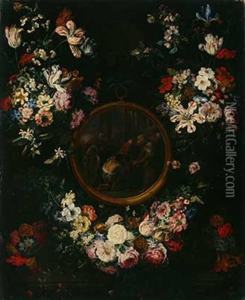 Blumengirlande Um Ein Medaillon Mit Der Ruckkehr Des Verlorenen Sohnes (collab W/studio Of Erasmus Quellinus) Oil Painting - Jan Peeter Brueghel