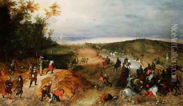 Cavalry attacking horse-drawn wagons Oil Painting - Sebastien Vrancx
