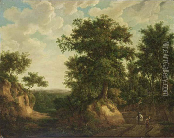 An Extensive Wooded Landscape With A Horseman, A Maid And Othertravellers On A Path Oil Painting - Maximilien Lambert Gelissen