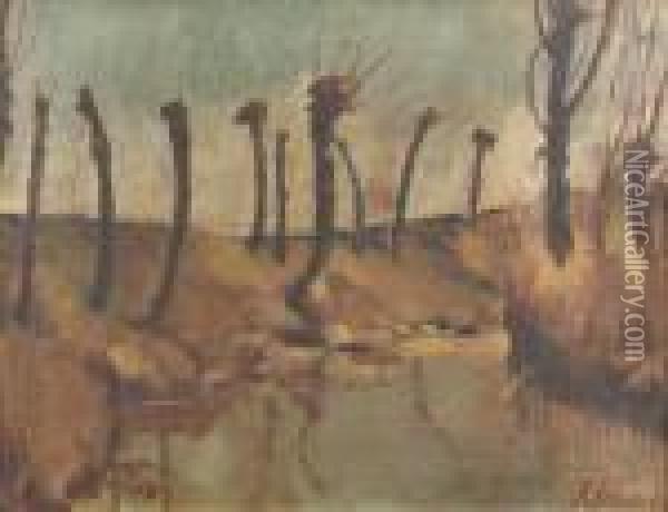 Flussuferlandschaft Mit Gestutzten Weiden. Oil Painting - Johann Robert Schuerch