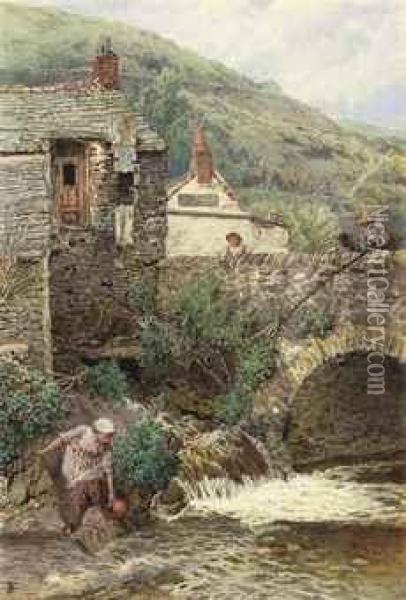 An Angler On The River Lyn, Devon Oil Painting - Myles Birket Foster
