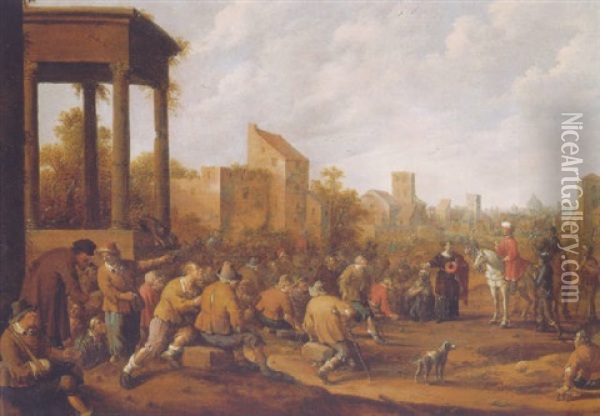 Peasants And Beggars Welcoming A Traveller In A Village Street By A Classical Portico Oil Painting - Joost Cornelisz. Droochsloot
