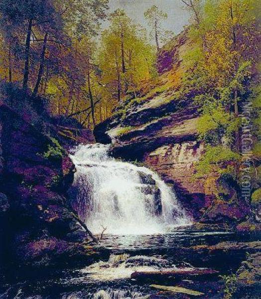 Forest Interior With Waterfall Oil Painting - Herman Herzog